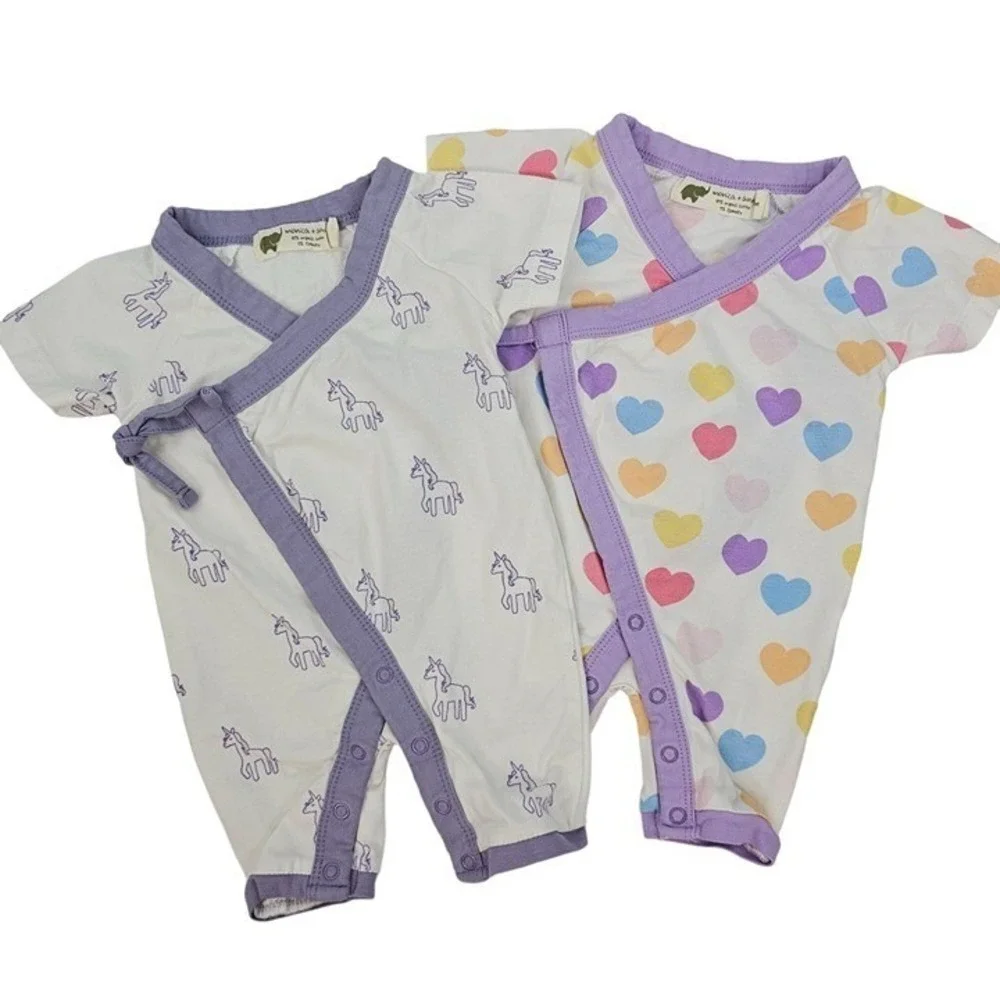 Baby 0-3M Monica + Andy Kimono Romper Set Purple Hearts Unicorn Organic Cotton‎